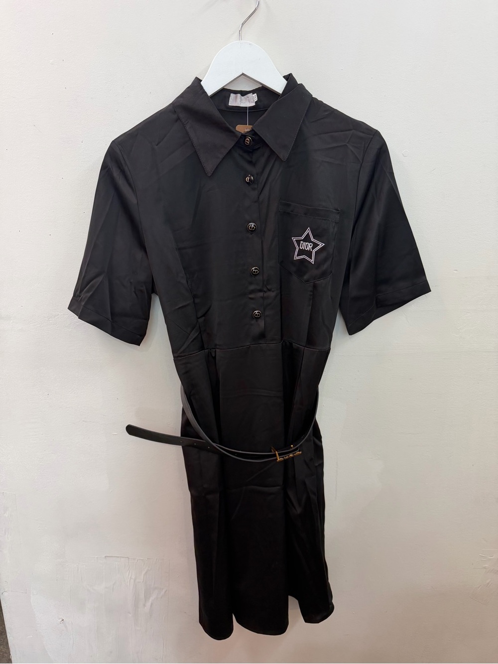 Dior Black Short Sleeve Midi Shirt Dress with Chest Star Patch